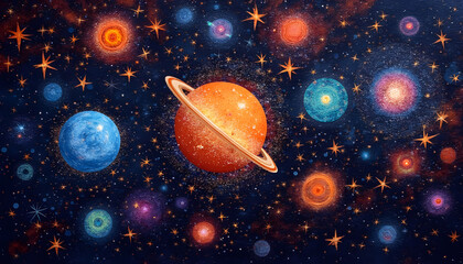 Cosmic texture of planetary rings, pearlescent hues, shimmering inclusions, gradient of deep blue and silver, astral patterns