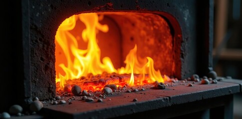 Flames illuminating the inside of a glass furnace, heat, intense