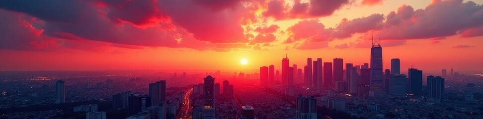 Fototapeta premium Fiery sunset paints skyscrapers, urban panorama, Manhattan, evening