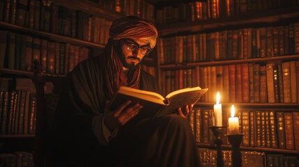 A scholar immersed in ancient texts illuminated by candlelight. Knowledge comes alive in the stillness of the library. Every page tells a story. Generative AI