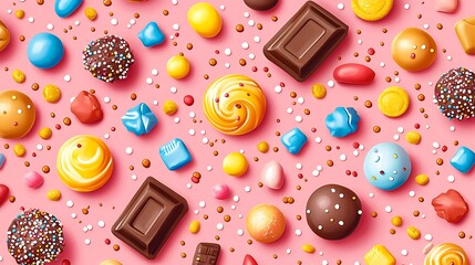 Colorful candy pattern on pink background