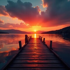 Fototapeta premium Vibrant orange and red sunset reflected in wet dock wood grain , vertical, orange, colors