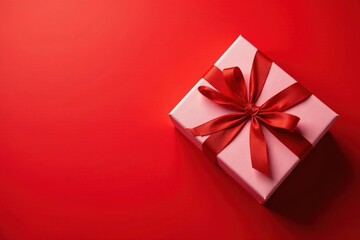 A delicately wrapped pink gift box adorned with a vibrant red satin ribbon, resting elegantly on a rich red background.