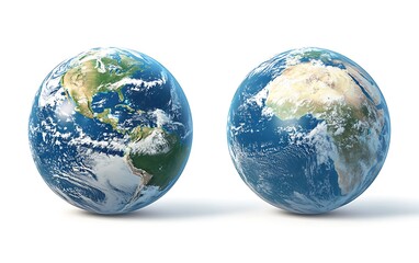 Fototapeta premium Two Earth globes, continents, oceans, white background, global concepts