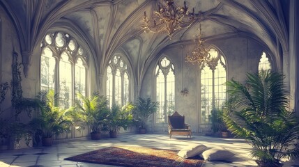 Obraz premium Sunlit Gothic hall with plants, chair, and rug.