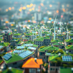 Obraz premium Ai generate stock photo of a futuristic city powered by renewable energy, with green rooftops, solar panels, and wind turbines, showcasing a sustainable future, blurred bokeh effect