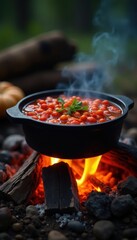Spicy chili simmering in cast iron pot over crackling campfire flames , fire, spicy