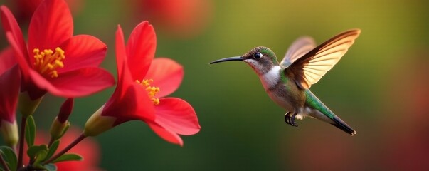 Naklejka premium Tiny hummingbird hovers, long beak in vibrant red bloom , hummingbird, spring, tropical