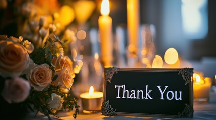 A close-up of a "Thank You" sign with flowers and candles for a heartfelt gesture.