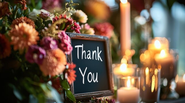 A close-up of a "Thank You" sign with flowers and candles for a heartfelt gesture.