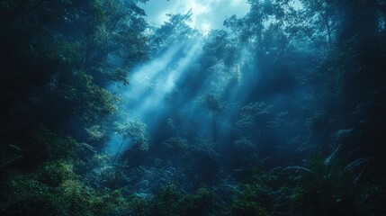 Obraz premium Sunlight filtering through dense jungle canopy