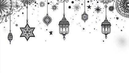 Black and White Festive Lanterns and Stars Hanging Ornament on White Background