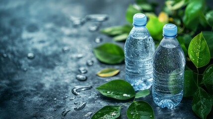 Eco-Friendly Biodegradable Plastic Bottles Surrounded by Fresh Green Leaves for Sustainable Lifestyle Imagery