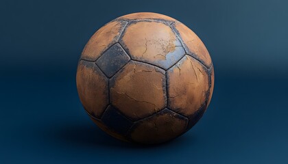 Fototapeta premium An old weathered soccer ball sits against a blue background
