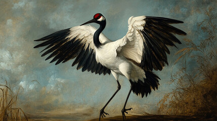 Fototapeta premium Painting of a white and black red-crowned crane,