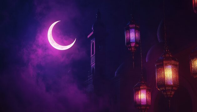 Crescent Moon Over a Mysterious Building at Night