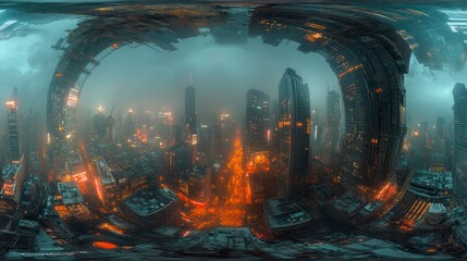 Futuristic Equirectangular HDRI Cityscape with Glowing Skyscrapers and Dramatic Lighting for Immersive Environments