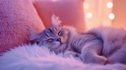 Pet peacefully napping on a fluffy cushion with soft lighting Sleeping cat on cozy pillows and fur blanket