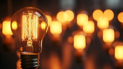 Vintage light bulbs illuminating dark background