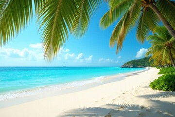 Palm-fringed sandy beach, turquoise ocean waves, green, sea, sky