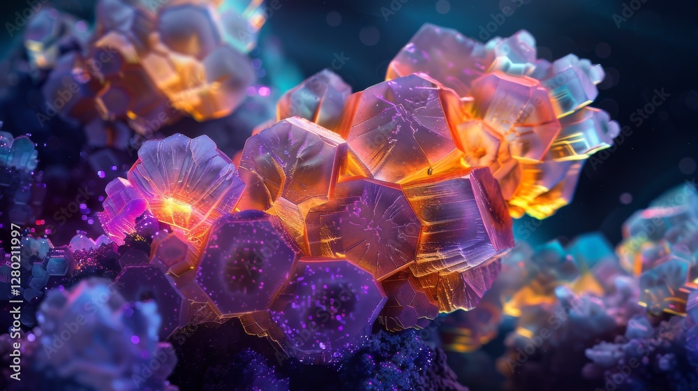 Poster intricate crystals in vivid colors set against a dark background, showcasing complex shapes and stun