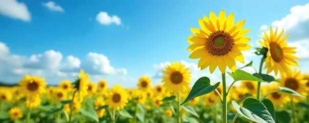Sunflowers sway gently in the breeze under clear blue skies, field, wind, blooming flowers
