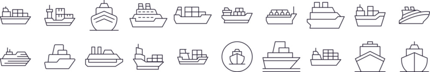 Passenger, Cargo and Cruise Icon Set for UI, Placards, Books, Apps. Editable Stroke. Perfect for Web Sites, Books, Cards, Apps