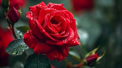A Dew Kissed Red Rose Blooms Beautifully