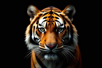 Majestic Tiger Portrait A Striking Close-Up of an Orange and Black Striped Cat Against a Dark Background