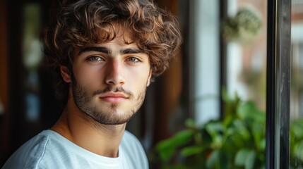 Obraz premium Realistic Portrait of a Handsome Young Man with Curly Hair Looking Out of a Window in a Bright Indoor Space