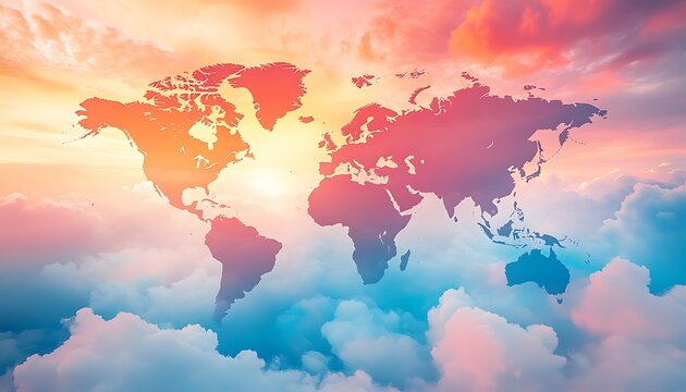 World map silhouette over colorful clouds in the sky
