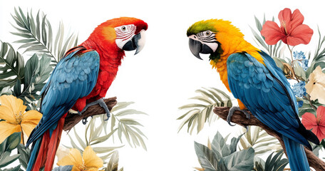 Fototapeta premium Two lively macaws perch on branches surrounded by tropical flowers and leaves. This vibrant scene evokes a sense of adventure and relaxation, perfect for a vacation setting in the tropics.
