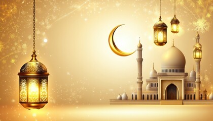 Obraz premium Golden Mosque with Hanging Lanterns and Crescent Moon at Night