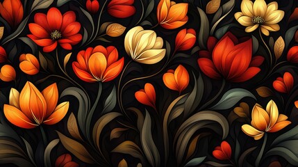 Decorative floral pattern, dark background, vibrant colors, seamless design, for wallpaper or fabric