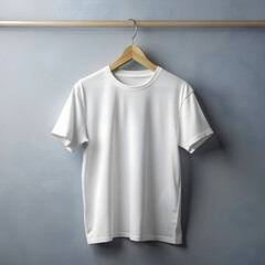 A white t-shirt hangs on a hanger isolated on transparent background.