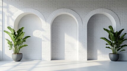 Three arches on a white brick wall in a minimalist interior, shot in studio light with a photography backdrop, creating a clean and hyper-realistic design, perfect for modern interior concepts.
