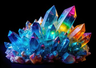 Rainbow flame blue aura quartz cluster: a vibrant gemstone closeup, stunning macro photography reveals its intricate beauty.