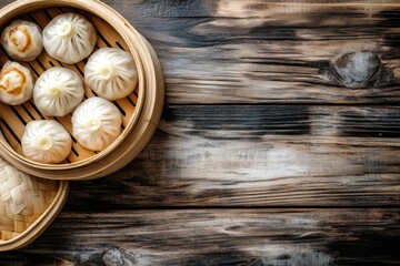 Delicious dim sum experience steamed buns and dumplings in a cozy bamboo steamer rustic wooden background culinary delight