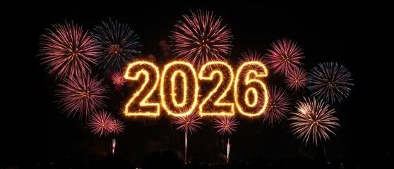 Festive 2026 new year fireworks event background.