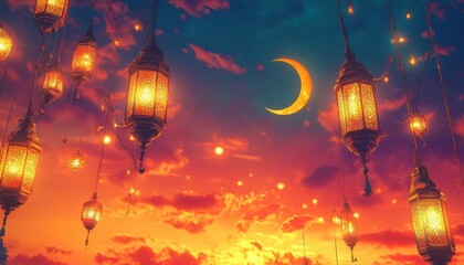 Obraz premium Magical Sunset Sky with Hanging Lanterns and Crescent Moon