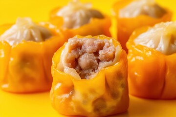 Savoring authentic dim sum a close-up of flavorful siu mai dumplings vibrant yellow background food photography culinary art gourmet experience