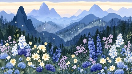 Fototapeta premium Serene mountain vista with wildflower meadow painting peaceful scenery dreamlike landscape breathtaking atmosphere calming color palette