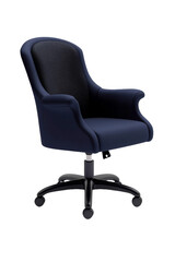 Fototapeta premium Blue swivel office chair with black mesh backrest and five-leg base isolated on transparent background (PNG)