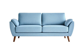 Fototapeta premium Light blue upholstered sofa with wooden legs isolated on transparent background (PNG)