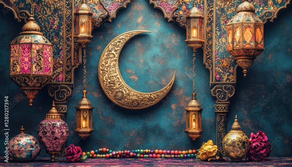 Aufkleber ornate gold crescent moon with colorful lanterns and teal background