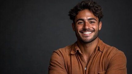 Obraz premium Charming Portrait of a Handsome Young Man Smiling Joyfully Against a Dark Background, Exuding Vibrant Energy and Confidence