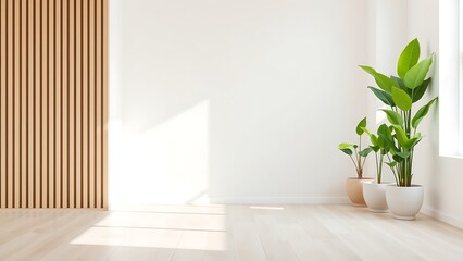 Minimalist living space with wooden accents and large indoor plants creating a fresh and clean decor.