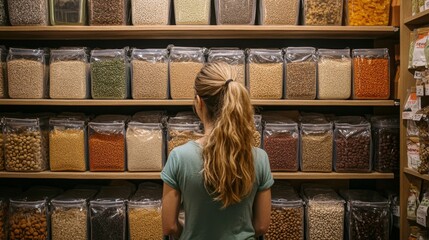 Woman with Hair Pulled Back Navigates Aisles of Bulk Food Store