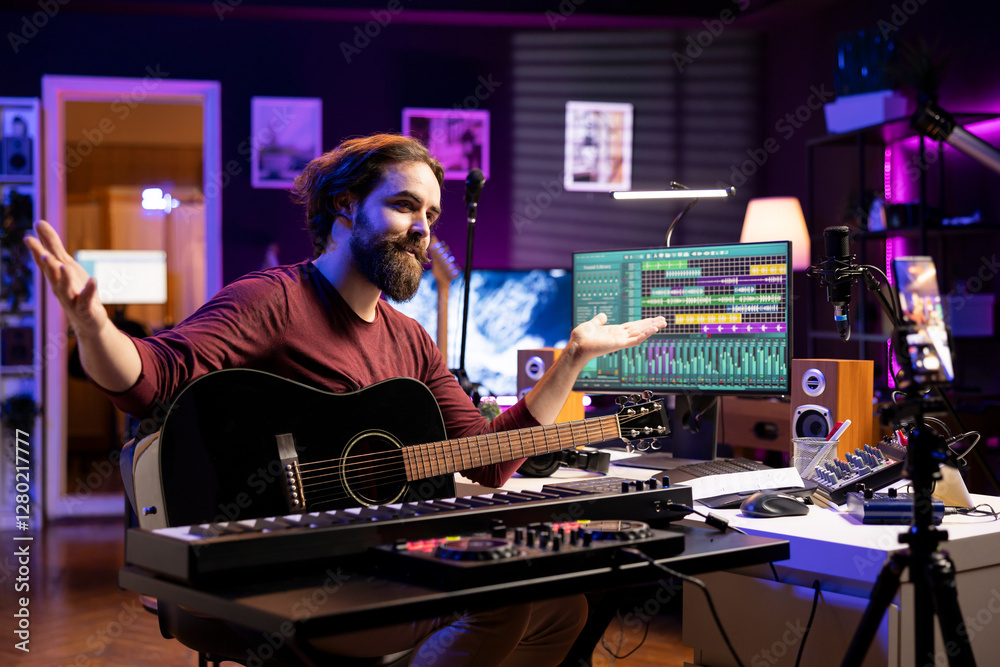 Poster songwriter recording himself in home studio singing and playing guitar, filming video about learning