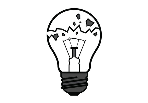 recommend clip art: Black and white broken light bulb clip art. The image shows a light bulb with a shattered top and broken glass pieces. Vector illustration design.